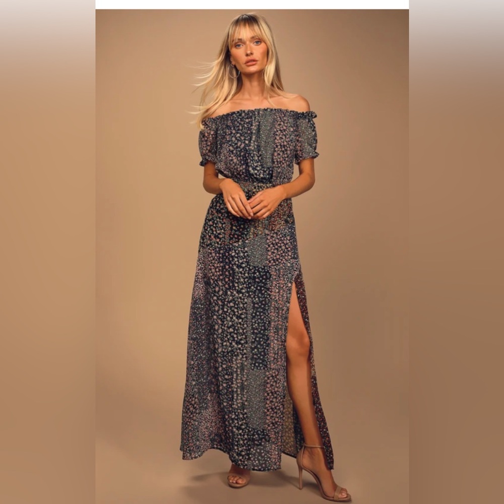 Lulu's Floral Off-Shoulder Maxi Dress - Black and Pink